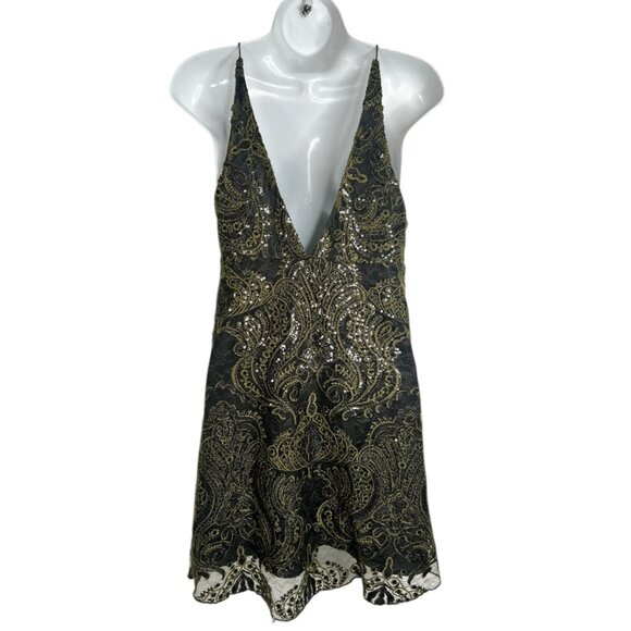 Free People Night Shimmer Lace Mini Dress Sequin Sleeveless Olive Green Black 4 - Picture 8 of 13